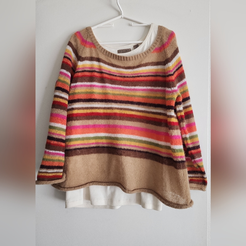 I.E RELAXED | Striped Cozy Crewneck Sweater | Beige w/ Pink & Brown Stripes | XL